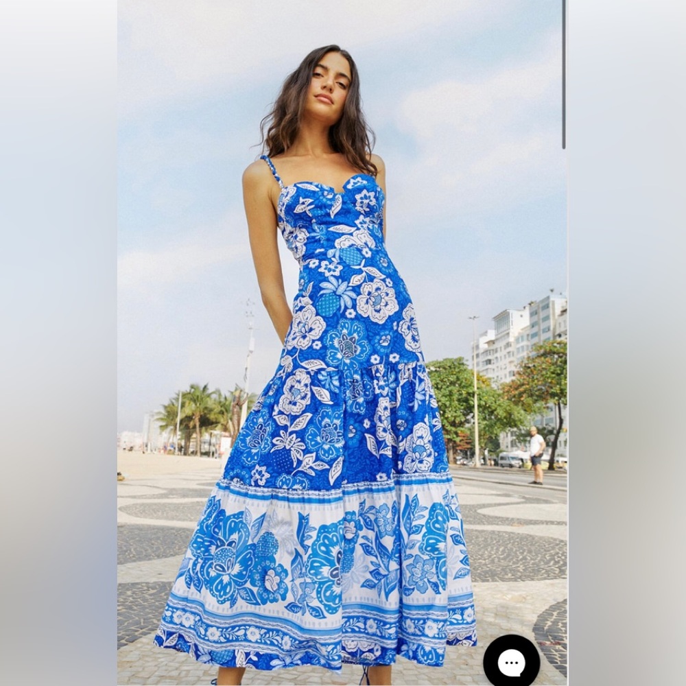 Farm Rio full of flowers midi dress. Lightweight cotton. beaded straps.